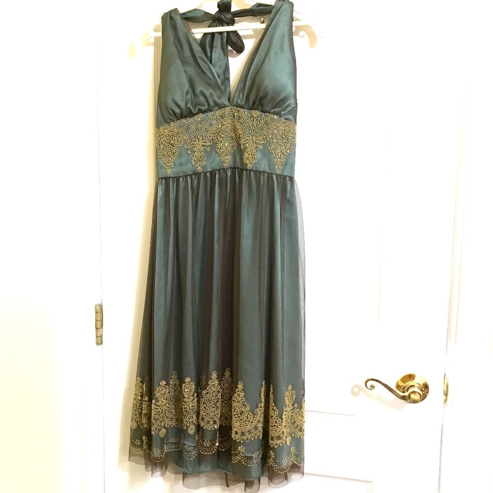 Adrianna Papell | Beaded Gold Green Tulle Dress